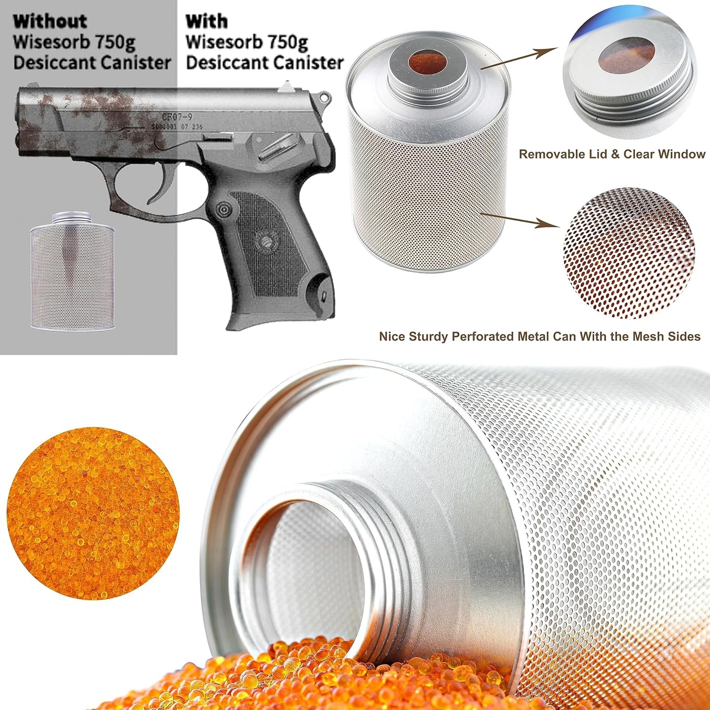 750 Grams 3 Pack Gun Safe Dehumidifier, Reusable Canister Desiccant Dehumidifier, Rechargeable 1.65 Lbs Indicating Silica Gel Orange To Green, Pack of 3