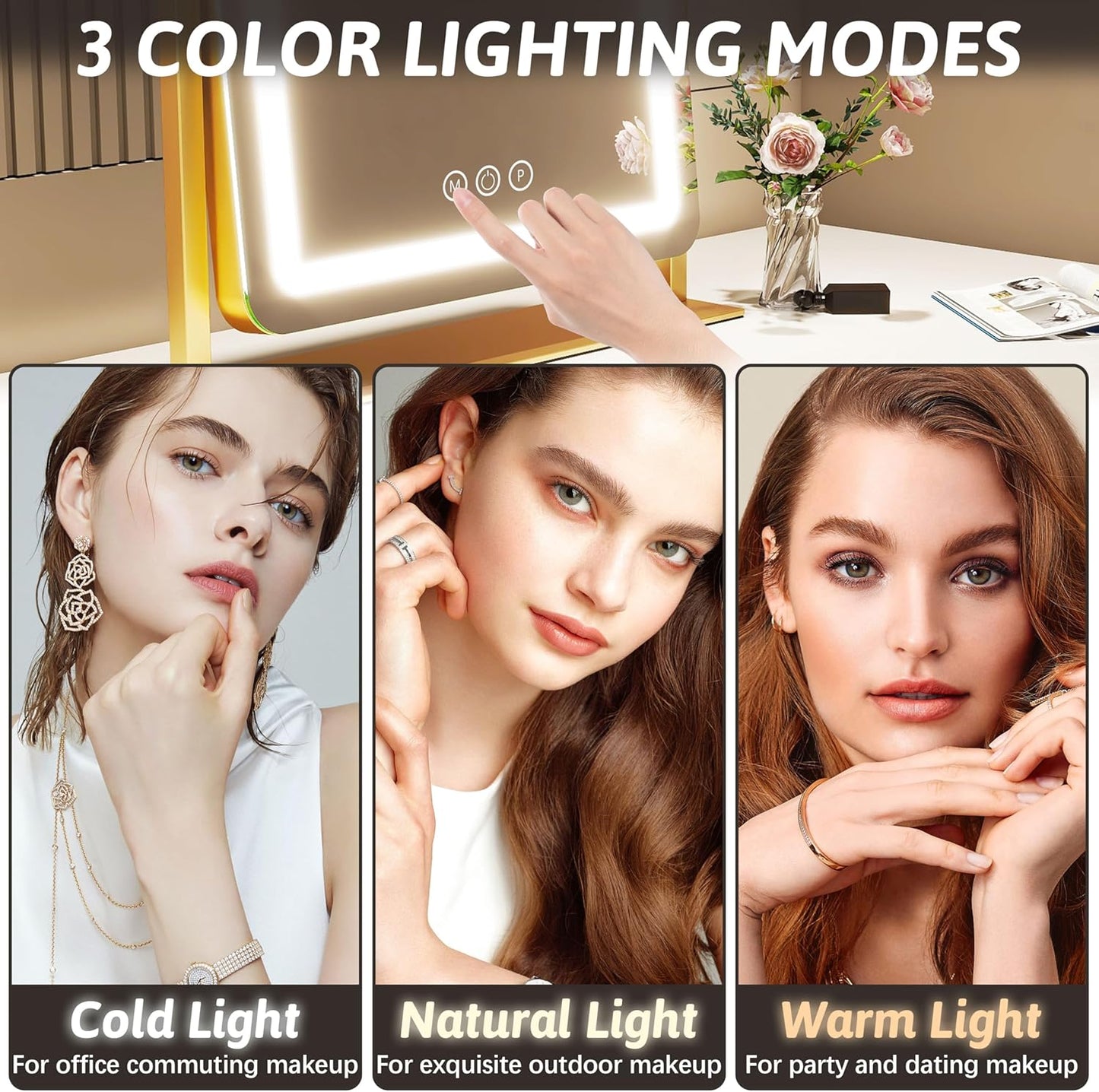 FENNIO Vanity Mirror with Lights 22 Inch- LED Lighted Makeup Mirror,Large Makeup Mirror with Lights,Touch Screen with 3-Color Lighting,Led Mirror Makeup,Dimmable(Gold)