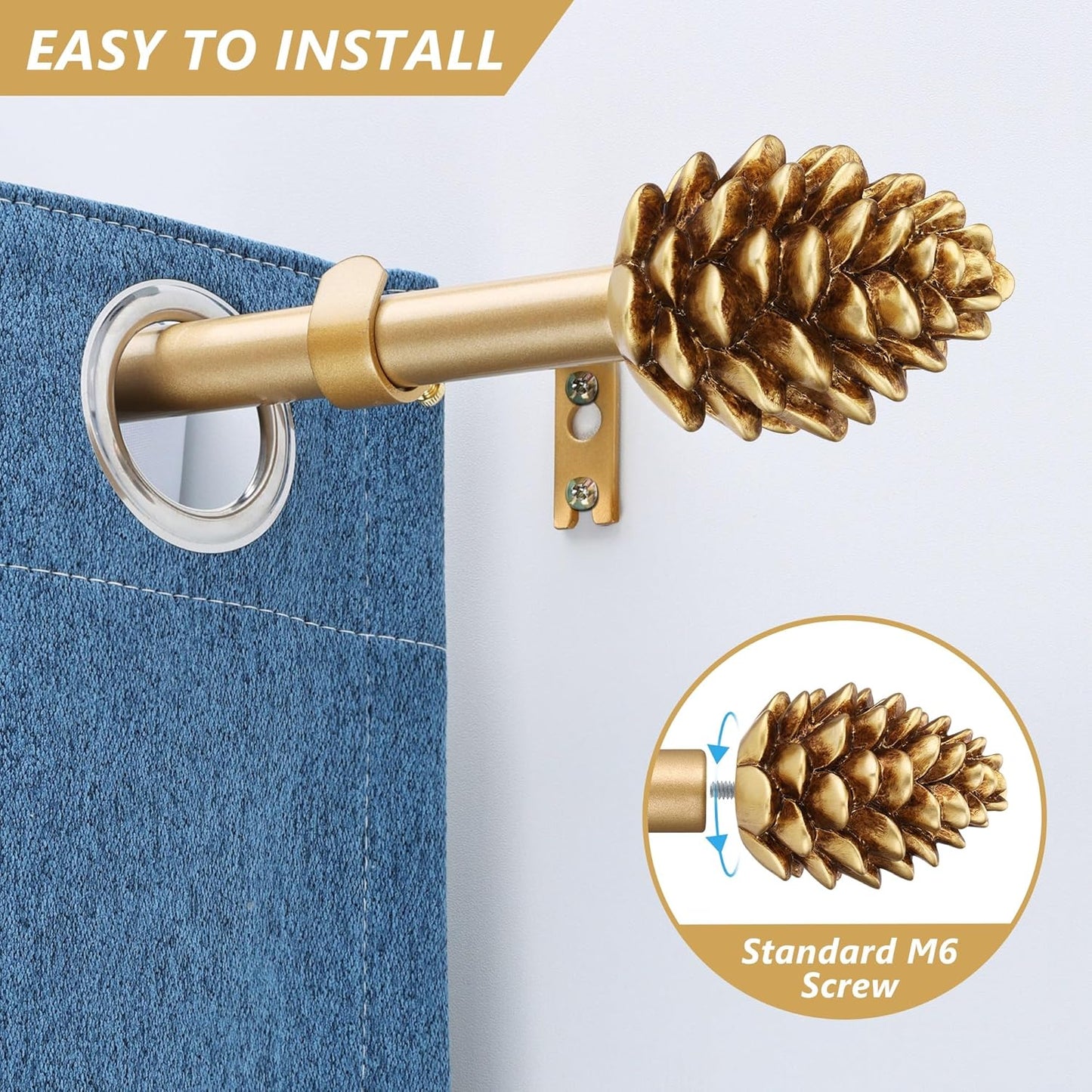 Gold Curtain Rods for Windows 48 to 84 Inches, 1 Inch Diameter Heavy Duty Single Curtain Rod, Adjustable Window Curtain Rod Drapery Rod with Decorative Finials