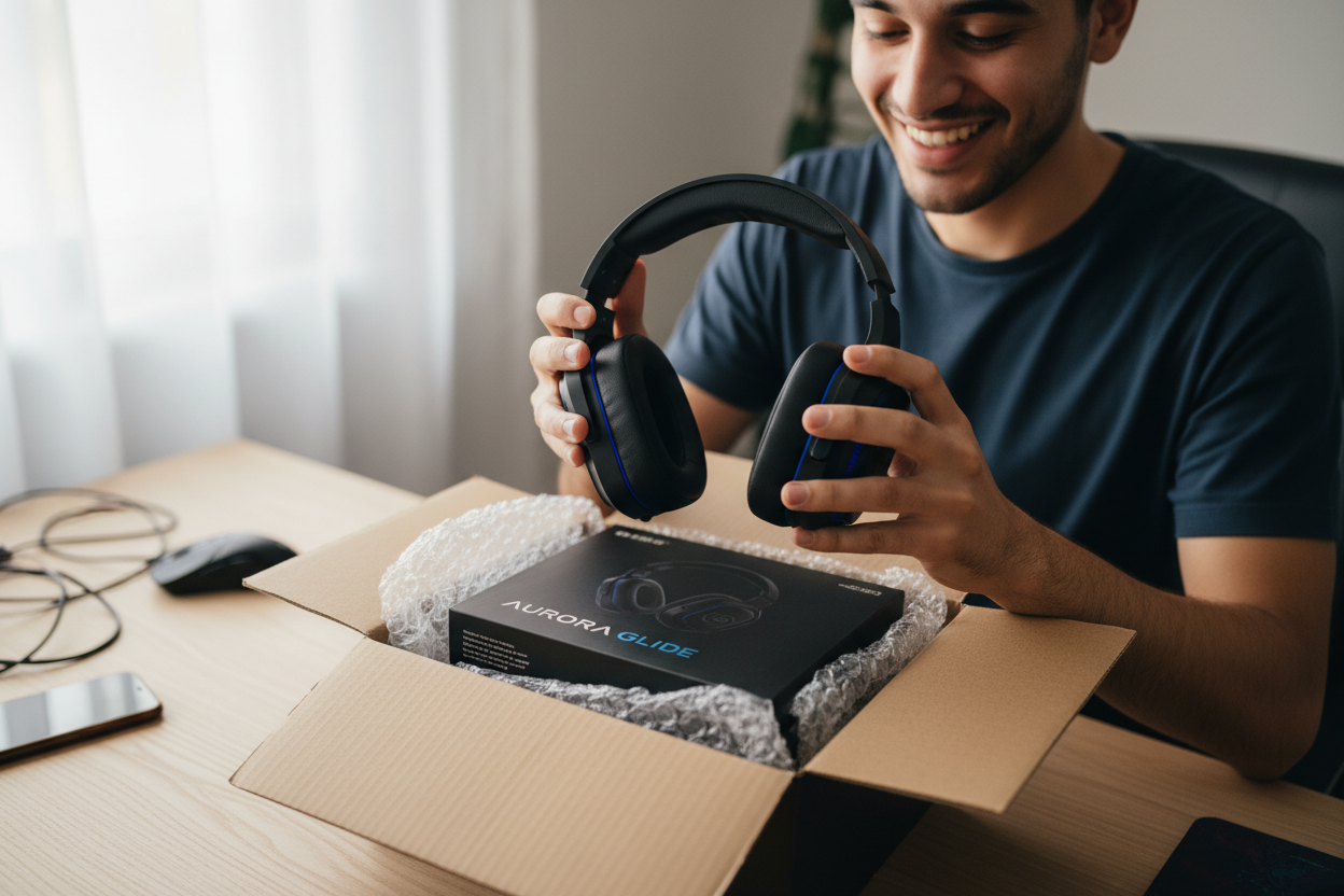 “GamerGrid shipped my headset the same day! The packaging was perfect, and the customer support team answered all my questions quickly. Highly recommend!” (make it real photo)
