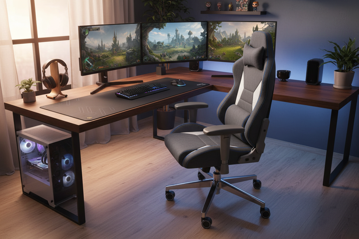 “I got a new gaming chair and desk mat, and it’s both stylish and incredibly comfortable. Long gaming sessions are now a joy instead of a strain. Love this store!” (make it real photo)