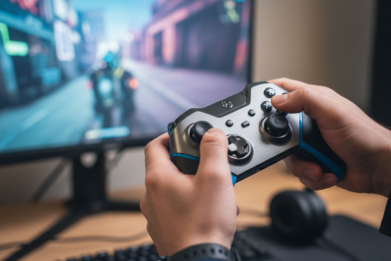 “The controller I bought from GamerGrid feels amazing in my hands. Every button is precise, and it’s helped me improve my reaction time in competitive matches. Definitely a must-have!”  (make it real photo)